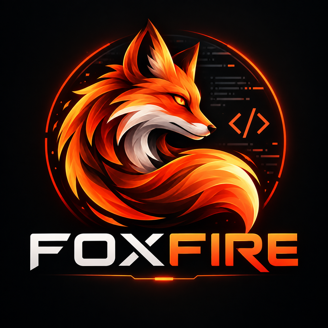 FOXFIRE personal logo: a fiery orange fox with a coding symbol